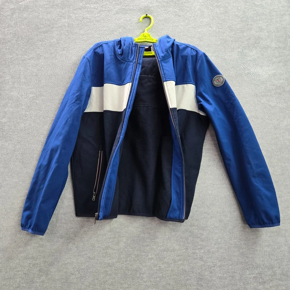 Tommy Hilfiger Men Jacket Large Blue Colorblock Fleece Lined‎ Hooded Full Zip